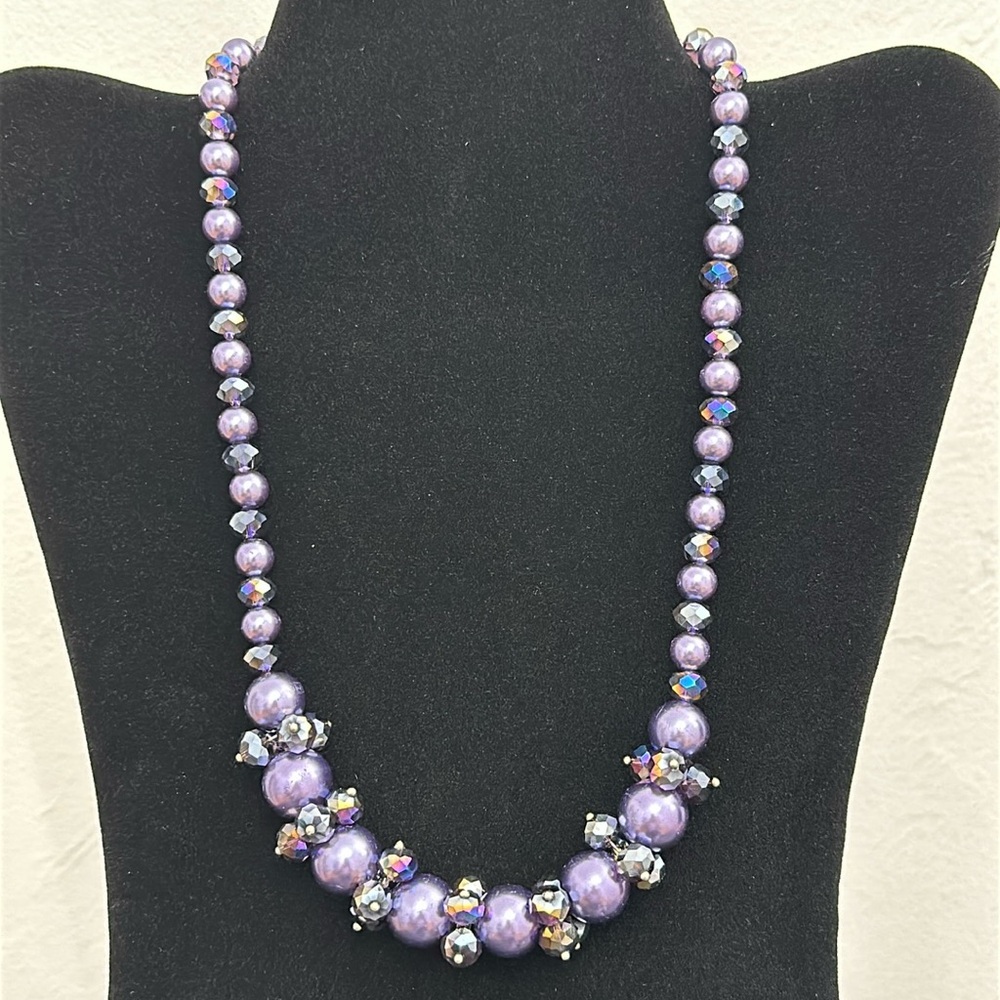 Purple Faceted AB Crystal & Metallic Purple Faux Pearl Necklace w/ 2” Extender
